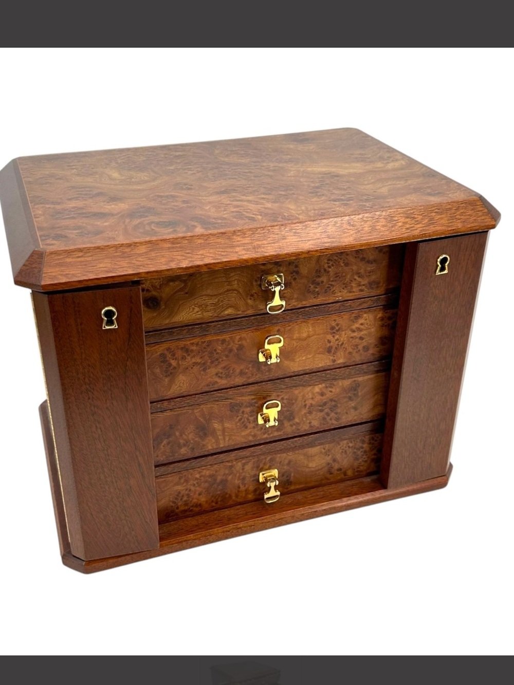 Gucci Italian Burl Wood Four Drawer Jewelry Chest with Gold Hardware